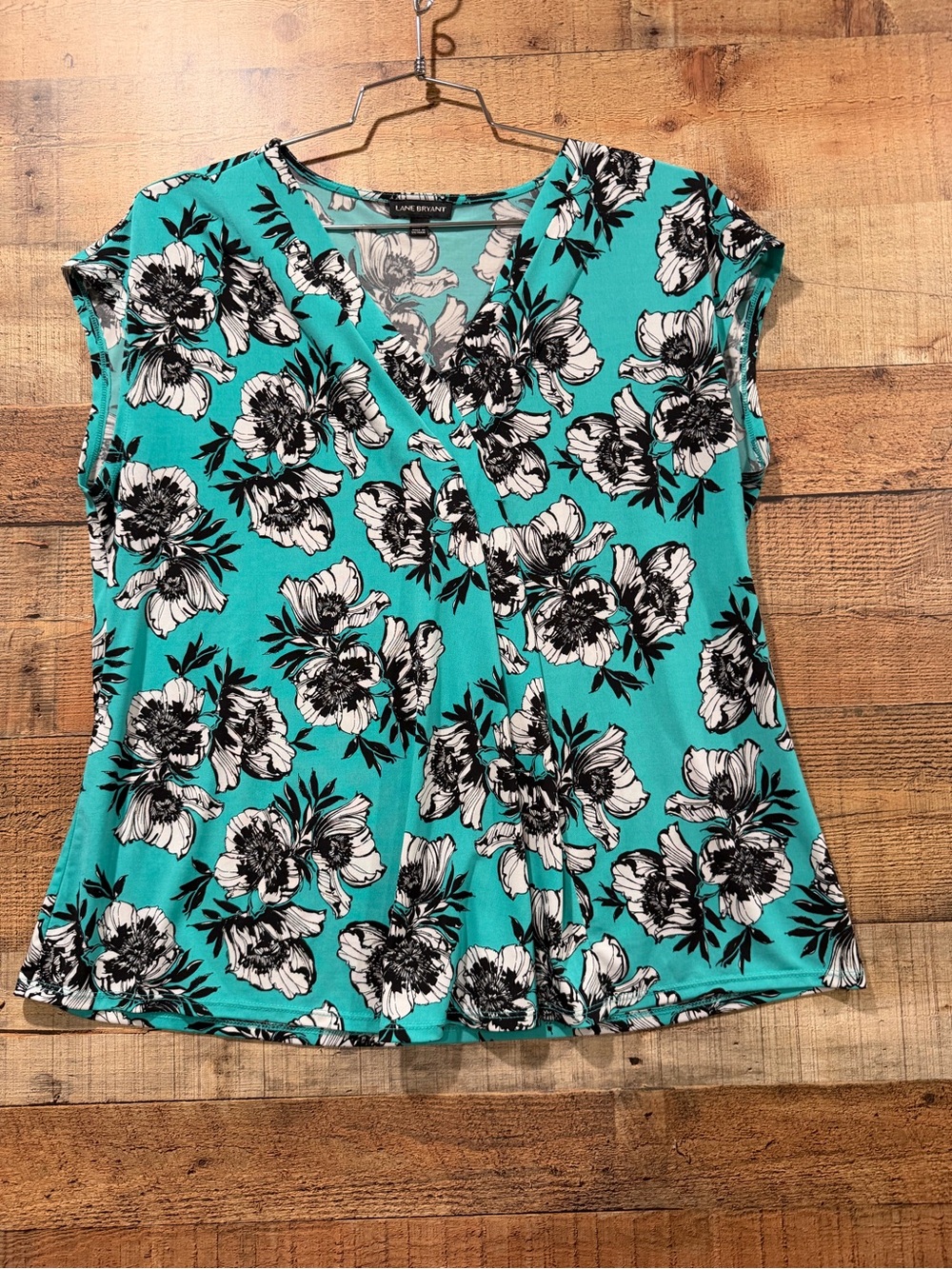 Lane Bryant Teal Floral Surplice V-Neck Top Size 14/16